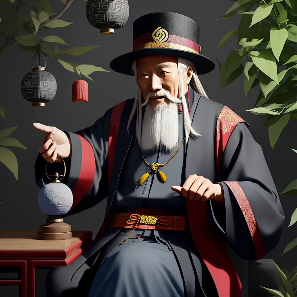  Ancient Chinese alchemist old man, wearing Taoist hat, Xianxiafeng