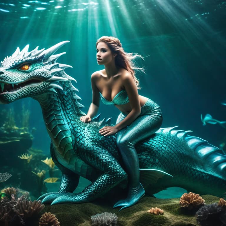  Mermaid riding a dragon hyperrealistic, full body, detailed clothing, highly detailed, cinematic lighting, stunningly beautiful, intricate, sharp focus, f/1. 8, 85mm, (centered image composition), (professionally color graded), ((bright soft diffused light)), volumetric fog, trending on instagram, trending on tumblr, HDR 4K, 8K