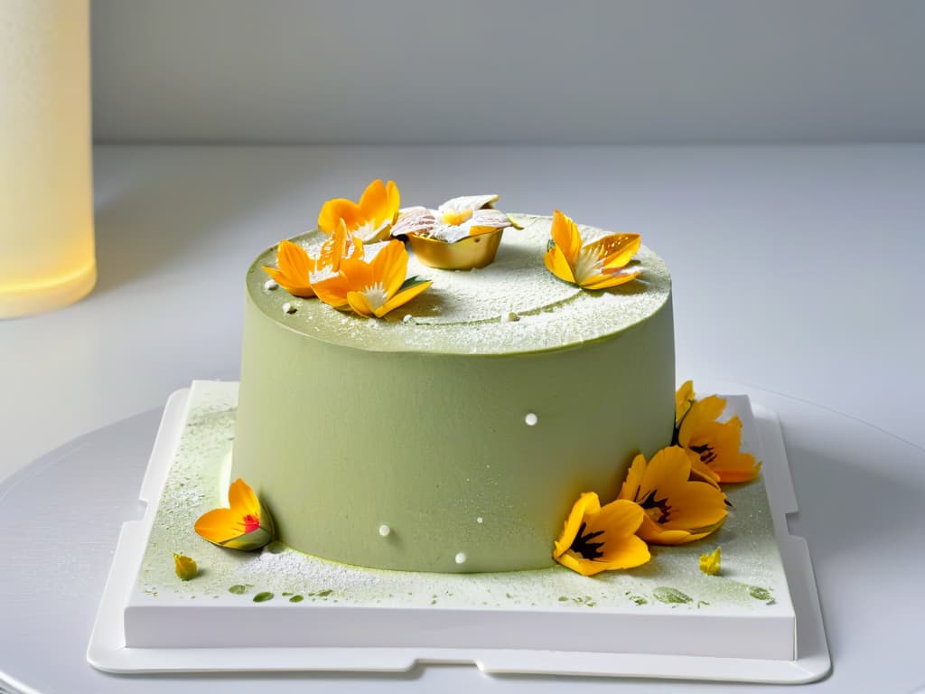  An ultradetailed image of a delicate matcha green tea chiffon cake elegantly decorated with vibrant edible flowers, gold leaf accents, and a light dusting of powdered sugar. The cake is placed on a sleek, modern white plate against a soft grey backdrop, showcasing exquisite precision and attention to detail in pastry presentation. hyperrealistic, full body, detailed clothing, highly detailed, cinematic lighting, stunningly beautiful, intricate, sharp focus, f/1. 8, 85mm, (centered image composition), (professionally color graded), ((bright soft diffused light)), volumetric fog, trending on instagram, trending on tumblr, HDR 4K, 8K