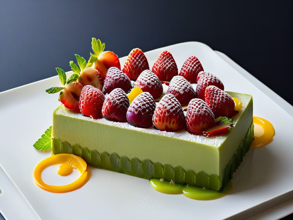  A highresolution, minimalist image of a sleek, contemporary dessert plating arrangement featuring a vibrant, colorful fruit tart with a precise geometric pattern of sliced strawberries and kiwi on top. The dessert sits elegantly on a pristine white plate, set against a sophisticated matte black backdrop that enhances the vivid colors and intricate design of the dish. The natural light streaming in from the side creates soft shadows, adding depth and dimension to the composition. hyperrealistic, full body, detailed clothing, highly detailed, cinematic lighting, stunningly beautiful, intricate, sharp focus, f/1. 8, 85mm, (centered image composition), (professionally color graded), ((bright soft diffused light)), volumetric fog, trending on instagram, trending on tumblr, HDR 4K, 8K