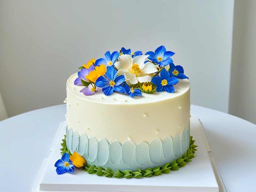  A minimalistic image of a beautifully decorated threetiered cake, frosted with smooth white buttercream and adorned with delicate edible flowers in soft pastel colors. The cake sits on a sleek marble cake stand, against a clean white background, showcasing the intricate details and elegant simplicity of homemade pastry artistry. hyperrealistic, full body, detailed clothing, highly detailed, cinematic lighting, stunningly beautiful, intricate, sharp focus, f/1. 8, 85mm, (centered image composition), (professionally color graded), ((bright soft diffused light)), volumetric fog, trending on instagram, trending on tumblr, HDR 4K, 8K