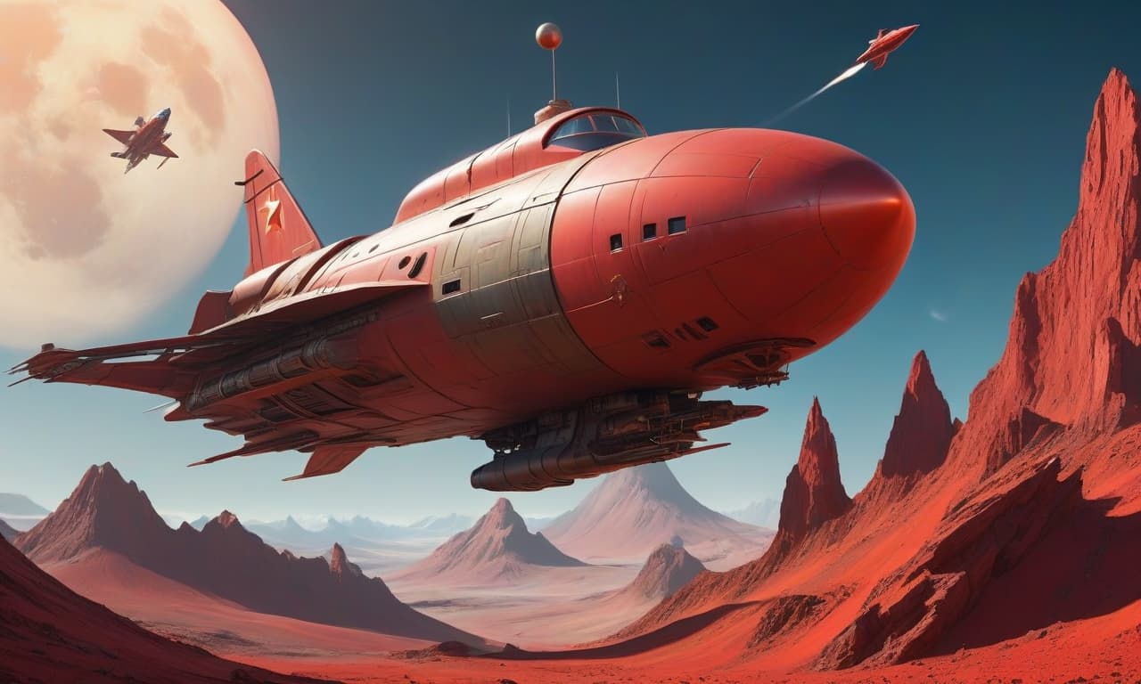  concept art Sci fi style. A spaceship in the sky of a foreign planet. The planet has a rusty color. The ship is in a retro style Soviet Union. The ship is red in color with a Soviet Union and a star with a hammer and sickle. . digital artwork, illustrative, painterly, matte painting, highly detailed hyperrealistic, full body, detailed clothing, highly detailed, cinematic lighting, stunningly beautiful, intricate, sharp focus, f/1. 8, 85mm, (centered image composition), (professionally color graded), ((bright soft diffused light)), volumetric fog, trending on instagram, trending on tumblr, HDR 4K, 8K