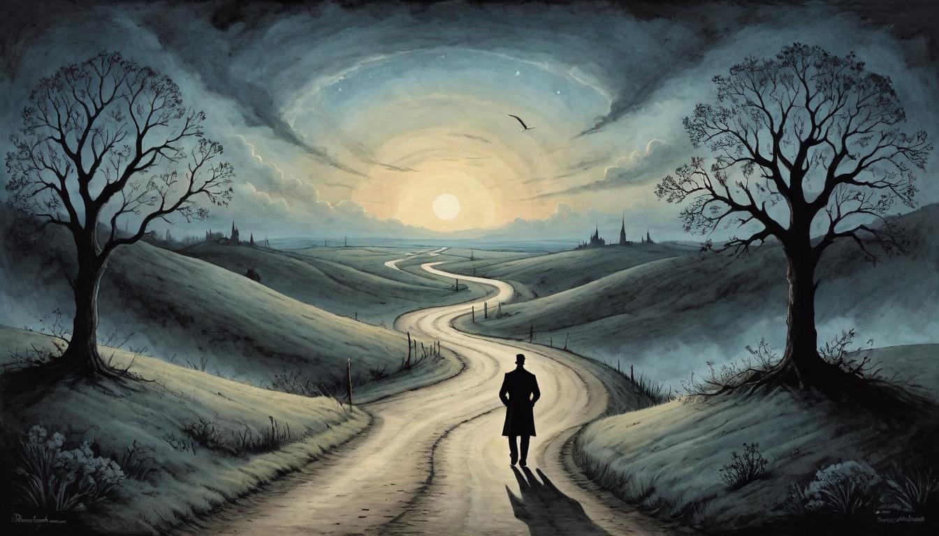  on parchment, surrealism+++, A silhouette against a twilight sky, facing a forked road that merges into one path towards a luminous horizon, metaphor for convergence, unified journey, decision moments, twilight transition.(mysterious, provocative, symbolic,muted color)+++