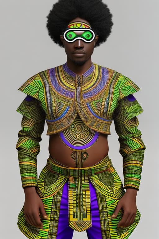  Design a a futuristic Afrocentric wearable augmented reality kit that an African Freedom Fighter would wear. With dashiki designs. The character should design should feature a veteran African leader with an united Africa design