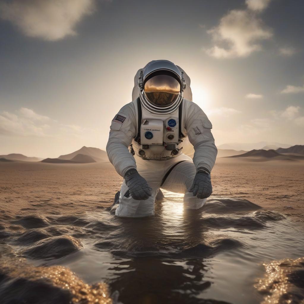   astronaut fell deep into water, raised helmet visor, tense face, frightened face, puddle, (point of view:1.5), hand reaches forward, request for help, establishing shot, medium full shot, (straightly:1.5) , puddle in the desert, desert in the background, sun, heat, bilateral symmetry, wide angle, (full shot:1.5), (point of view:1.5) hyperrealistic, full body, detailed clothing, highly detailed, cinematic lighting, stunningly beautiful, intricate, sharp focus, f/1. 8, 85mm, (centered image composition), (professionally color graded), ((bright soft diffused light)), volumetric fog, trending on instagram, trending on tumblr, HDR 4K, 8K