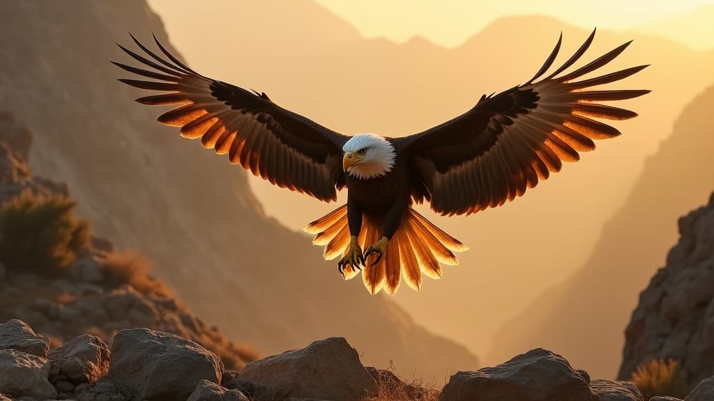  good quality, high quality, a golden eagle dives with precision toward the ground, its powerful wings fully extended. the rugged landscape glimmers in the soft light of dawn, highlighting the bird's fierce beauty and prowess