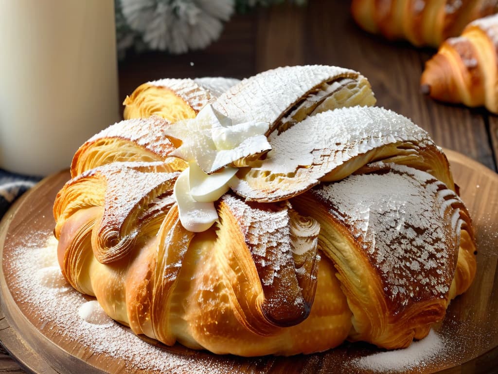  A closeup, ultradetailed image of a perfectly golden, flaky croissant sprinkled with powdered sugar, resting on a rustic wooden table dusted with a light snowfall. The buttery layers of the croissant glisten in the soft winter light, evoking warmth and comfort. The delicate flakes of snow create a serene and inviting atmosphere, perfectly capturing the essence of winter baking. hyperrealistic, full body, detailed clothing, highly detailed, cinematic lighting, stunningly beautiful, intricate, sharp focus, f/1. 8, 85mm, (centered image composition), (professionally color graded), ((bright soft diffused light)), volumetric fog, trending on instagram, trending on tumblr, HDR 4K, 8K