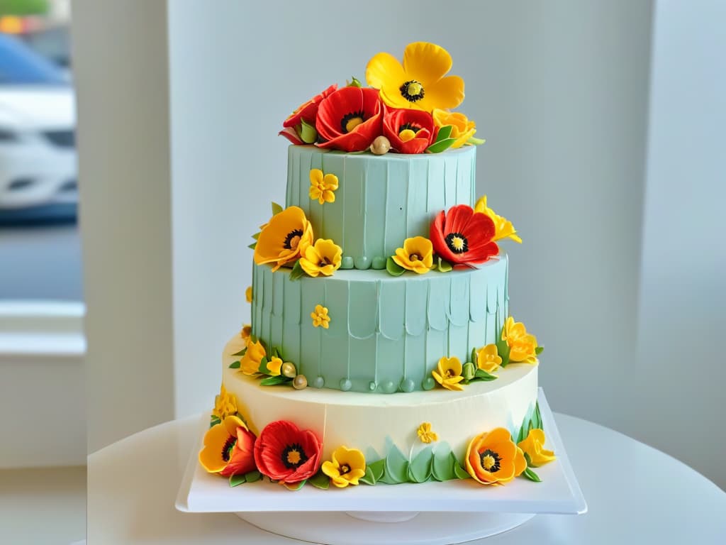  An ultradetailed, photorealistic image of a beautifully decorated tiered cake, intricately adorned with colorful fondant flowers, delicate piping details, and shimmering edible gold accents. The cake sits on a pristine white cake stand, set against a softfocus background that highlights its exquisite craftsmanship and artistic presentation. hyperrealistic, full body, detailed clothing, highly detailed, cinematic lighting, stunningly beautiful, intricate, sharp focus, f/1. 8, 85mm, (centered image composition), (professionally color graded), ((bright soft diffused light)), volumetric fog, trending on instagram, trending on tumblr, HDR 4K, 8K