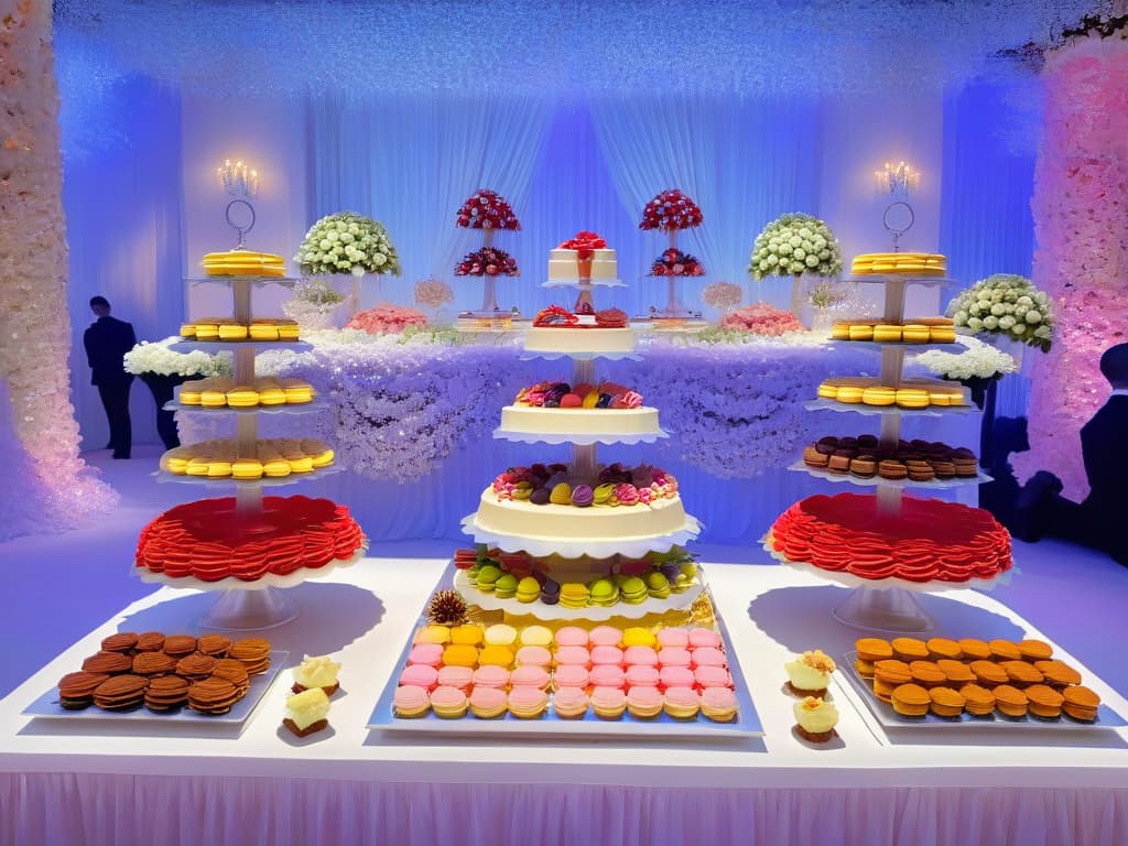  An image of a beautifully arranged dessert table with a variety of colorful and decadent treats, such as macarons, cupcakes, and tarts, all elegantly displayed on tiered stands and platters. The background is a soft, blurred pastel palette, highlighting the vibrant hues of the desserts. The table is adorned with fresh flowers and delicate fairy lights, creating a whimsical and inviting atmosphere. hyperrealistic, full body, detailed clothing, highly detailed, cinematic lighting, stunningly beautiful, intricate, sharp focus, f/1. 8, 85mm, (centered image composition), (professionally color graded), ((bright soft diffused light)), volumetric fog, trending on instagram, trending on tumblr, HDR 4K, 8K