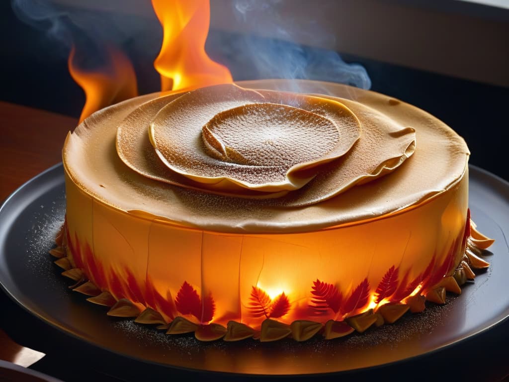  A closeup, ultradetailed image of a delicate crepe being flambeed in a vibrant burst of flames, showcasing the intricate dance of orange flames against a dark, controlled background. The crepe is elegantly folded, glistening with a glaze of caramelized sugar, and emitting a warm, inviting glow that highlights the skillful preparation of this iconic French dish. The flames capture the essence of the flambe technique, adding a touch of drama and excitement to the serene simplicity of the minimalist composition. hyperrealistic, full body, detailed clothing, highly detailed, cinematic lighting, stunningly beautiful, intricate, sharp focus, f/1. 8, 85mm, (centered image composition), (professionally color graded), ((bright soft diffused light)), volumetric fog, trending on instagram, trending on tumblr, HDR 4K, 8K