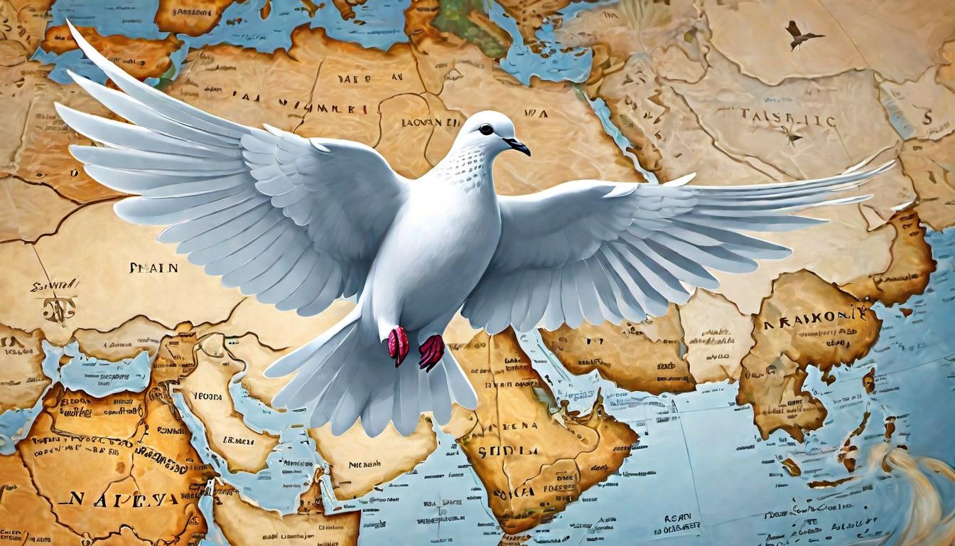  digital illustration, A dove of peace hovering over a map of the Middle East and Africa, light emanating from beneath, harmony, healing, transformation., looking at viewer, dynamic pose, (intricate details, masterpiece, best quality)