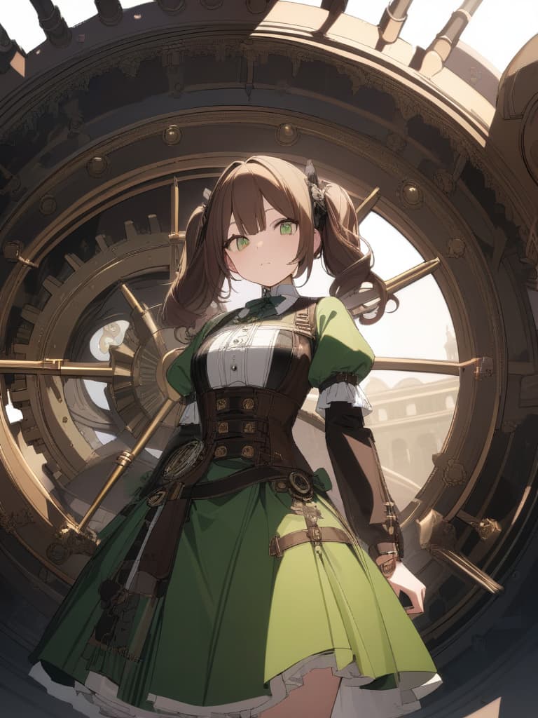  Steampunk,vertical roll,twin tail,brown hair,green eyes,twin tail with curly hair,green dress,steam,gears,inside the clock tower,cute,beautiful girl,steampunk Lolita,watch,parts,Steampunk,vertical roll,twin tail,brown hair,green eyes,twin tail with curly hair,green dress,steam,gears,inside the clock tower,cute,beautiful girl,steampunk Lolita,watch,parts,(absurd detailed:1.4、best quality:1.4、masterpiece:1.4)、, masterpiece, best quality,8k,ultra detailed,high resolution,an extremely delicate and beautiful,hyper detail