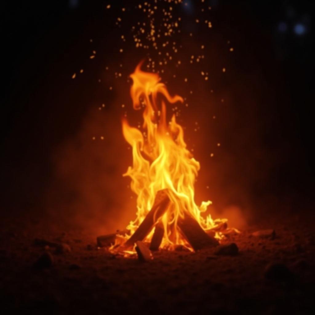  good quality, high quality, flames twisting and curling in the air from a fire pit, with sparks flying as the heat radiates through the night.