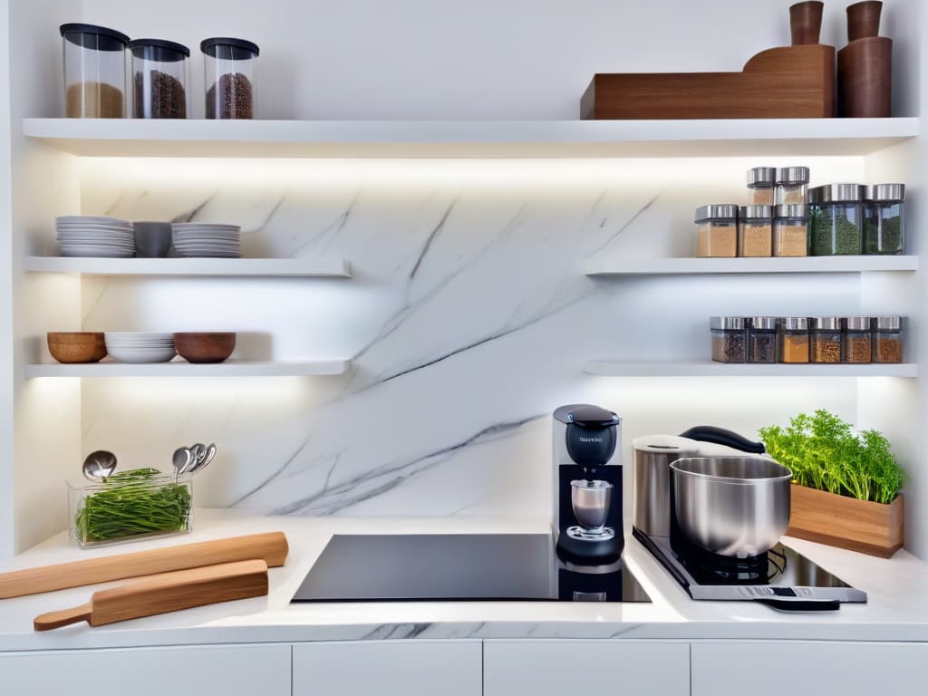  A spacious and organized kitchen workspace designed for bakers with reduced mobility, featuring a sleek white marble countertop with builtin accessible tools and appliances, surrounded by open shelves neatly displaying various baking ingredients and utensils. The minimalist design includes a pop of color with fresh herbs in small pots, providing both functionality and aesthetics for a practical yet visually appealing baking environment. hyperrealistic, full body, detailed clothing, highly detailed, cinematic lighting, stunningly beautiful, intricate, sharp focus, f/1. 8, 85mm, (centered image composition), (professionally color graded), ((bright soft diffused light)), volumetric fog, trending on instagram, trending on tumblr, HDR 4K, 8K