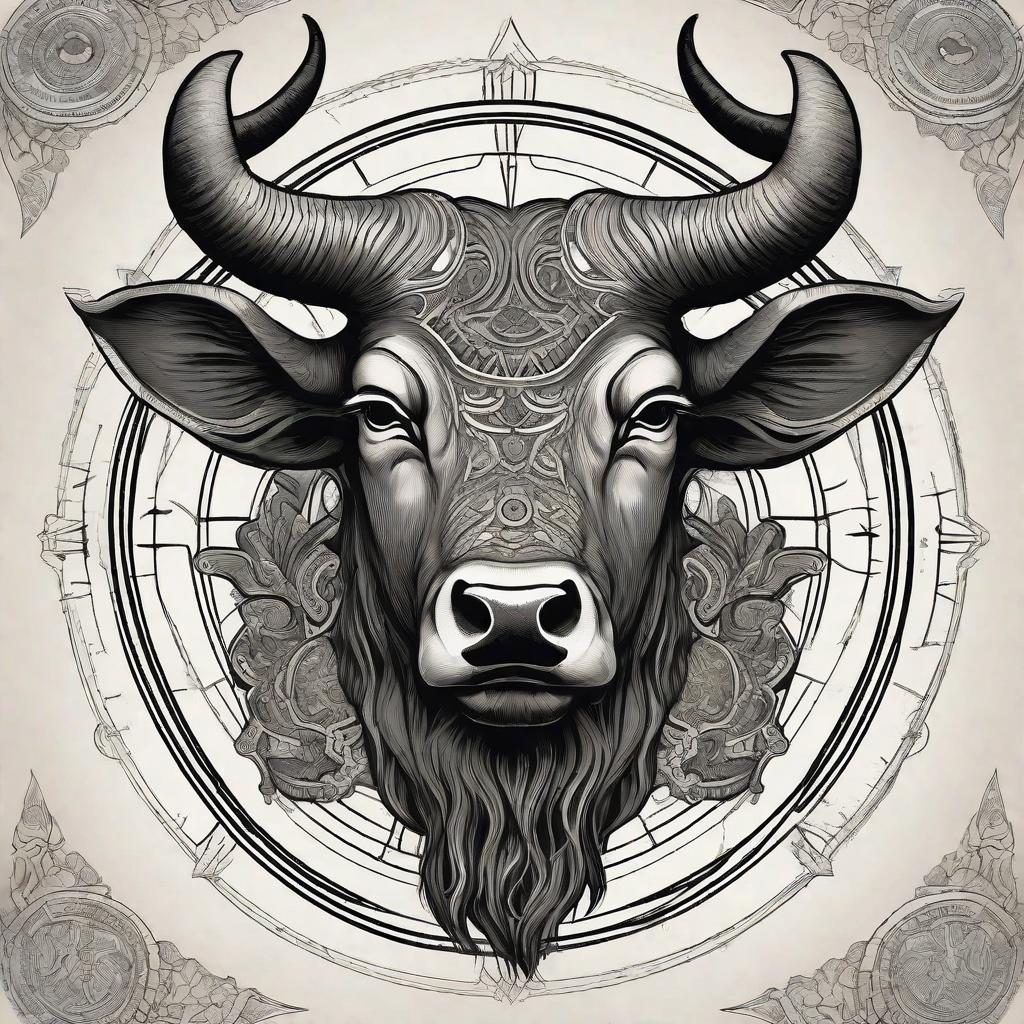  masterpiece, best quality, A detailed sketch of a Zodiac Taurus head, showcasing the intricate details of its horns, sharp facial features, and expressive eyes. The sketch is set against a dark, mysterious background, enhancing the enigmatic nature of the Taurus symbol. The atmosphere is intense and powerful, evoking a sense of strength and determination. The sketch is done in a realistic style, capturing every intricate line and shading. The lighting is dramatic, with a spotlight illuminating the Taurus head, casting deep shadows that add depth to the sketch. The realization is done with a graphite pencil, creating a black and white contrast that adds to the overall intensity and elegance of the artwork.