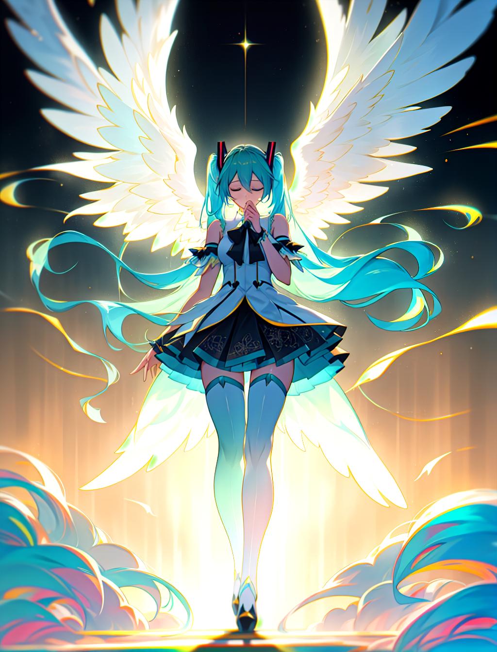  Rainbow Hatsune Miku. Angel vibes. Lots of colors , hyperrealistic, full body, detailed clothing, highly detailed, cinematic lighting, stunningly beautiful, intricate, sharp focus, f/1. 8, 85mm, (centered image composition), (professionally color graded), ((bright soft diffused light)), volumetric fog, trending on instagram, trending on tumblr, HDR 4K, 8K hyperrealistic, full body, detailed clothing, highly detailed, cinematic lighting, stunningly beautiful, intricate, sharp focus, f/1. 8, 85mm, (centered image composition), (professionally color graded), ((bright soft diffused light)), volumetric fog, trending on instagram, trending on tumblr, HDR 4K, 8K