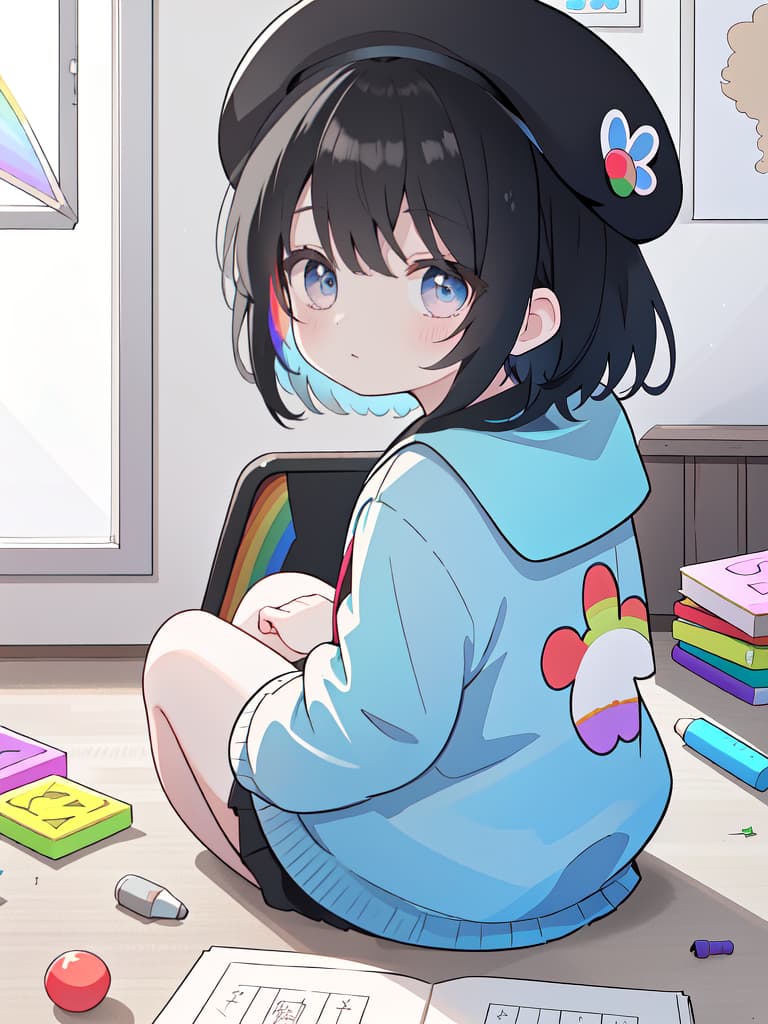  Infants, crayons, play, sitting, looking back, room, dirty, Rainbow, Bob, beret, black hair, kindergarten, name tag, masterpiece, best quality,8k,ultra detailed,high resolution,an extremely delicate and beautiful,hyper detail