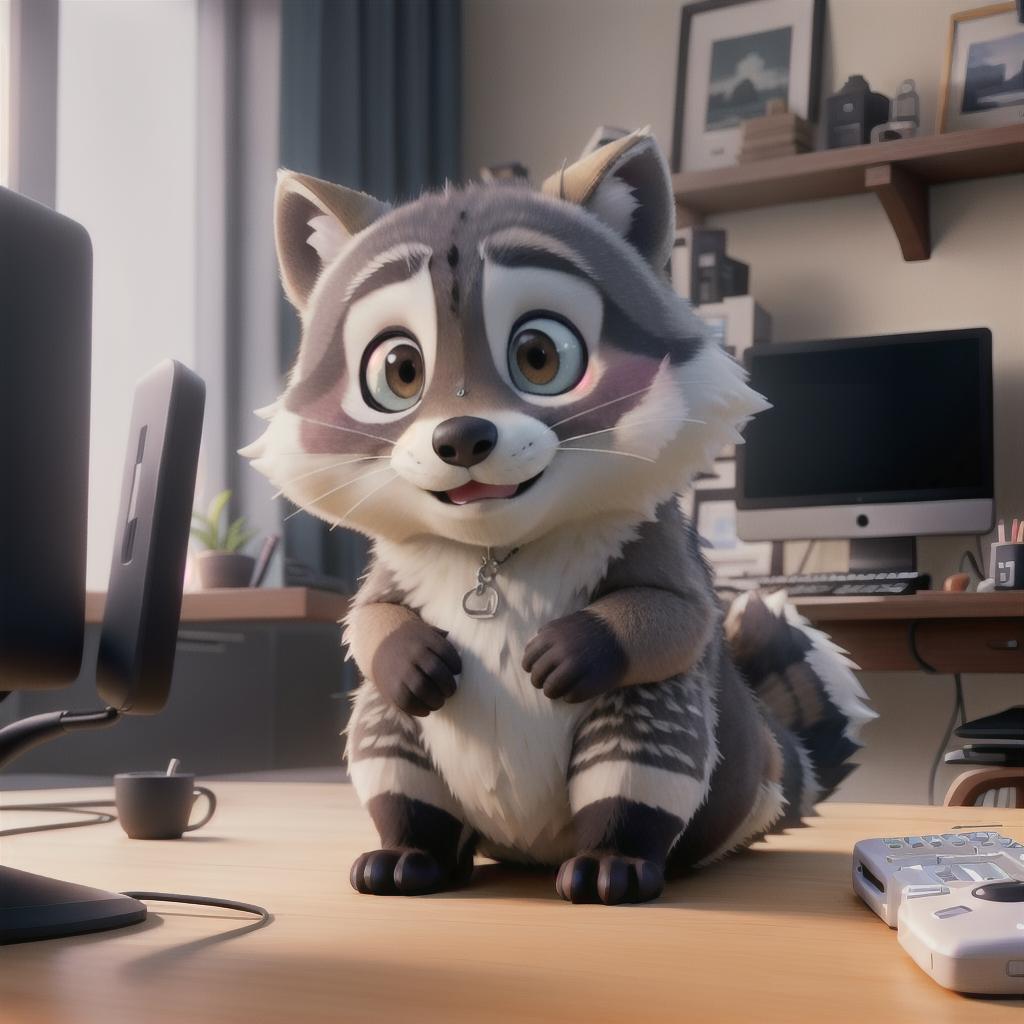  raccoon sitting in gaming chair front a computer on desktop, ((semi anthropomorphic)),(full body), tail, belly, sitting, fat, (chubby), (((white background))), solo, desktop, gaming chair, side view,  [[[clothes]]] hyperrealistic, full body, detailed clothing, highly detailed, cinematic lighting, stunningly beautiful, intricate, sharp focus, f/1. 8, 85mm, (centered image composition), (professionally color graded), ((bright soft diffused light)), volumetric fog, trending on instagram, trending on tumblr, HDR 4K, 8K