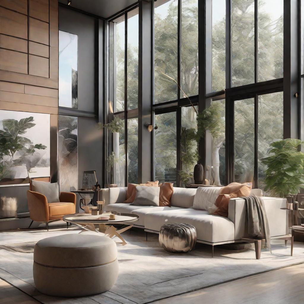  masterpiece, best quality, best quality, masterpiece, 8k resolution, high resolution apartment Living room concept art with floor-to-ceiling windows and modern furniture