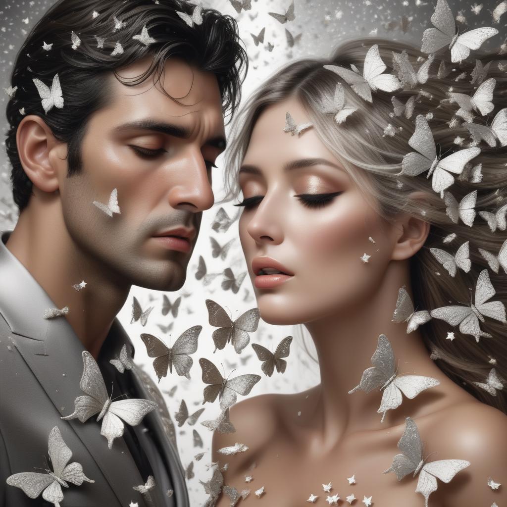  photo RAW, ( ultrarealistic, hyperrealistice, hyperdetailed:shattered into thousands of silver butterflies, scattering into a breeze of silver twinkling stars.  Maria and Carlos had backed a couple of steps away, they couldn’t help but sigh in awe with there eyes wide open. This sight truly was as beautiful as a fantastic dream), masterpiece, award winning photography, natural light, perfect composition, high detail, hyper realistic, add depth, water background, (real human,detailed human:1.5),(highly detailed eyes) hyperrealistic, full body, detailed clothing, highly detailed, cinematic lighting, stunningly beautiful, intricate, sharp focus, f/1. 8, 85mm, (centered image composition), (professionally color graded), ((bright soft diffused light)), volumetric fog, trending on instagram, trending on tumblr, HDR 4K, 8K