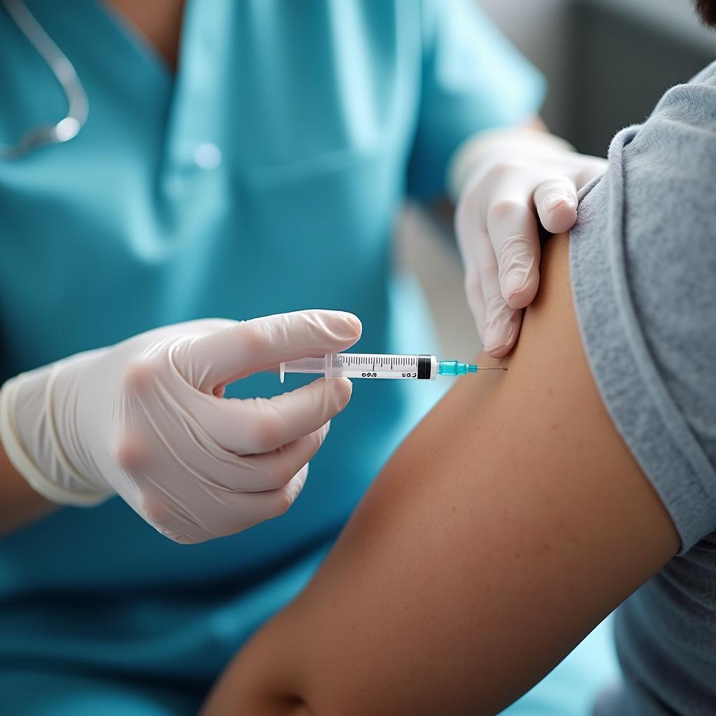  good quality, high quality, close up of a healthcare professional wearing gloves, giving a vaccine injection to a patient's arm, indicating a medical procedure and vaccination process