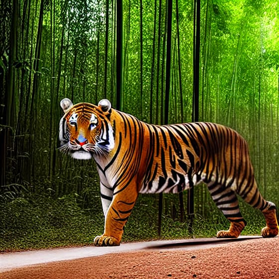  muscular tiger walking among bamboo hyperrealistic, full body, detailed clothing, highly detailed, cinematic lighting, stunningly beautiful, intricate, sharp focus, f/1. 8, 85mm, (centered image composition), (professionally color graded), ((bright soft diffused light)), volumetric fog, trending on instagram, trending on tumblr, HDR 4K, 8K