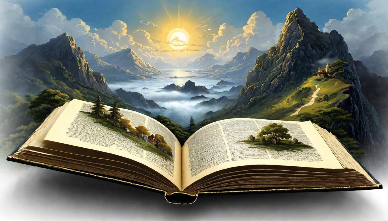  （surrealism)A majestic book, chapters unfolding, embedded with scenes of triumph, legacy written in golden ink, absorbing and reflective, historical importance, personal milestone mystic, intricate details, best quality)