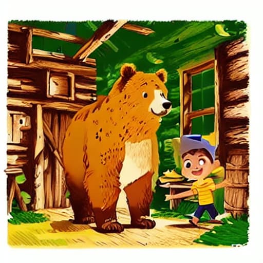  a boy with yellow hat and brown shirt and green pants, bear standing, in cabin