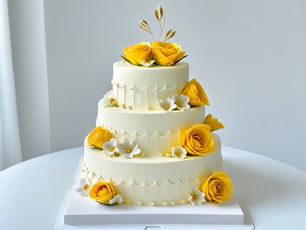  A minimalist, highresolution image of a beautifully decorated tiered cake, featuring intricate piping work, delicate fondant flowers, and shimmering edible gold accents. The cake is displayed on a simple white cake stand against a clean, uncluttered background, emphasizing the precision and artistry of the confection. hyperrealistic, full body, detailed clothing, highly detailed, cinematic lighting, stunningly beautiful, intricate, sharp focus, f/1. 8, 85mm, (centered image composition), (professionally color graded), ((bright soft diffused light)), volumetric fog, trending on instagram, trending on tumblr, HDR 4K, 8K