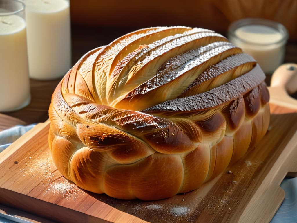  A closeup, ultradetailed image of a delicate, beautifully braided loaf of freshly baked bread, sprinkled with a light dusting of flour, resting on a rustic wooden cutting board. The golden crust glistens under soft lighting, showcasing the intricate patterns formed by the expertly intertwined dough strands. Each fiber of gluten visibly stretches and bounces back, highlighting the crucial role it plays in creating the perfect elasticity and texture in baked goods. The background is intentionally blurred, emphasizing the simplicity and elegance of the bread, making it a visually captivating and minimalistic image that speaks volumes about the importance of gluten in pastry making. hyperrealistic, full body, detailed clothing, highly detailed, cinematic lighting, stunningly beautiful, intricate, sharp focus, f/1. 8, 85mm, (centered image composition), (professionally color graded), ((bright soft diffused light)), volumetric fog, trending on instagram, trending on tumblr, HDR 4K, 8K