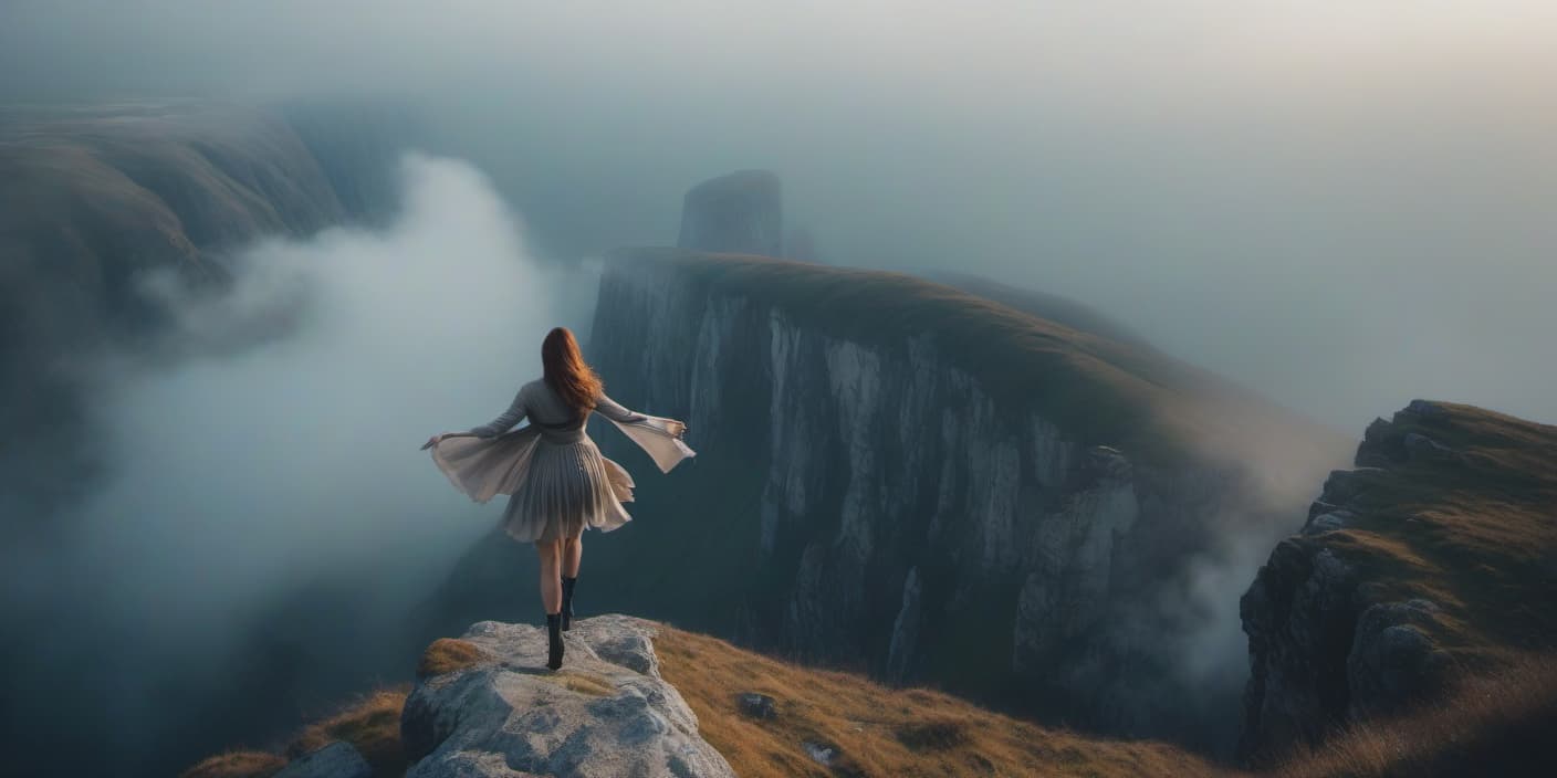  A view from above. A girl holds the edge of a cliff and flies. hyperrealistic, full body, detailed clothing, highly detailed, cinematic lighting, stunningly beautiful, intricate, sharp focus, f/1. 8, 85mm, (centered image composition), (professionally color graded), ((bright soft diffused light)), volumetric fog, trending on instagram, trending on tumblr, HDR 4K, 8K