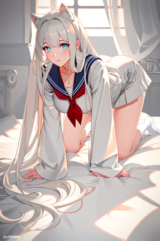  On all fours, on a fluffy bed, I wear a sailor suit hyperrealistic, full body, detailed clothing, highly detailed, cinematic lighting, stunningly beautiful, intricate, sharp focus, f/1. 8, 85mm, (centered image composition), (professionally color graded), ((bright soft diffused light)), volumetric fog, trending on instagram, trending on tumblr, HDR 4K, 8K