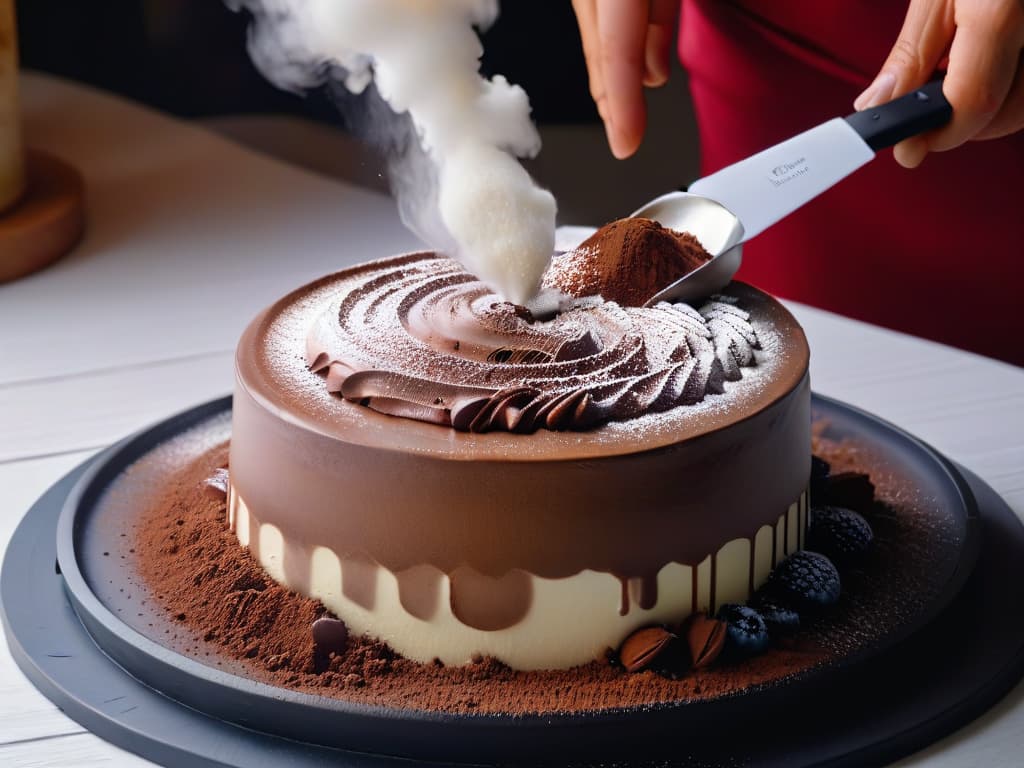  An ultradetailed 8k image showcasing a closeup of a pastry chef's hands expertly dusting cocoa powder over a delicate tiramisu dessert, highlighting the intricate textures and layers of the dessert. The chef's hands are skillfully maneuvering a fine sieve, creating a mesmerizing pattern of cocoa dust settling on the dessert's surface, capturing the essence of precision and artistry in pastrymaking. The soft lighting accentuates the contrast between the dark cocoa powder and the light, creamy layers of the tiramisu, evoking a sense of sophistication and mastery in the culinary craft. hyperrealistic, full body, detailed clothing, highly detailed, cinematic lighting, stunningly beautiful, intricate, sharp focus, f/1. 8, 85mm, (centered image composition), (professionally color graded), ((bright soft diffused light)), volumetric fog, trending on instagram, trending on tumblr, HDR 4K, 8K