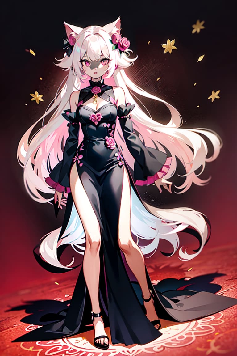  master piece , best quality,Hair silver to pink gradient, gold and pink odd eyes, front, cat ears, red and black dress, full body, bell, rose, floral decoration, slender, adult like.