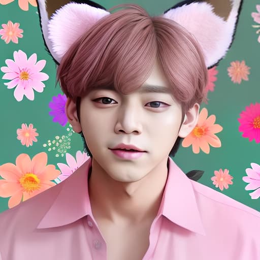  cute fox ears on taehyung of bts head pink flower background realistic
