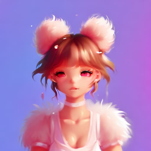 portrait+ style pink. furry. twin bun hair. girl. chibi. cute. kawaii. background cute cosmetics. blurred blush painting. cute fluffy fox