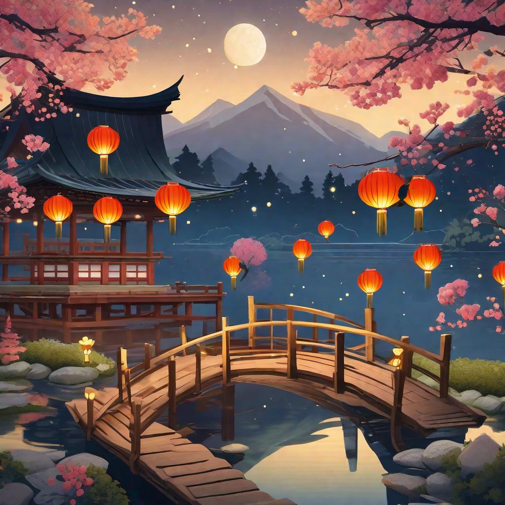  masterpiece, best quality, (Fidelity: 1.4), Best Quality, Masterpiece, Ultra High Resolution, 8k resolution, A night view inspired by Japanese art, featuring a garden illuminated by paper lanterns and a wooden bridge spanning a tranquil lake, by the lakeside, there is a small Zen temple. The water reflects the starry sky.