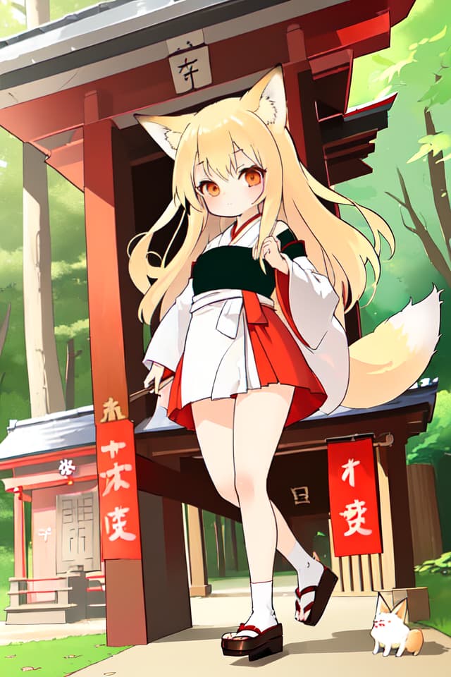  Little girl, blond, fox, shrine maiden, long hair, legs