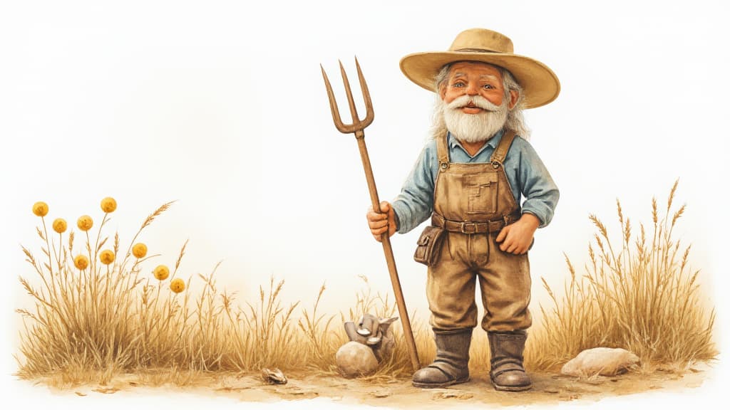  good quality, high quality, curious farmer figure with pitchfork in nostalgic watercolor painting