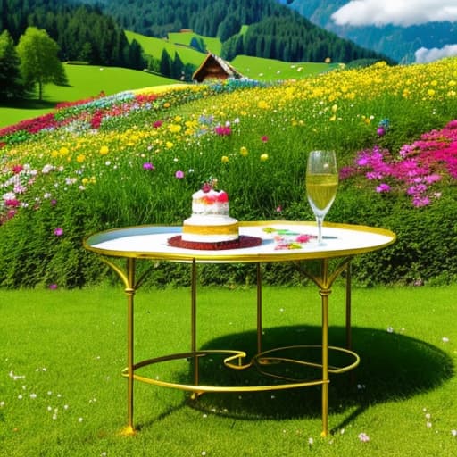  a cake, golden cake stand, picnic location, in lush green Switzerland, in middle of beautiful and colourful flowers