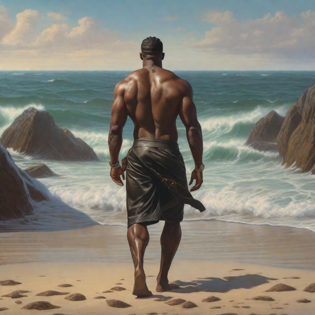  Unclothed black man walking the beach. Show Full backside pic, realistic, portrait, art by donato giancola and greg rutkowski, realistic face, digital art, trending on artstation hyperrealistic, full body, detailed clothing, highly detailed, cinematic lighting, stunningly beautiful, intricate, sharp focus, f/1. 8, 85mm, (centered image composition), (professionally color graded), ((bright soft diffused light)), volumetric fog, trending on instagram, trending on tumblr, HDR 4K, 8K