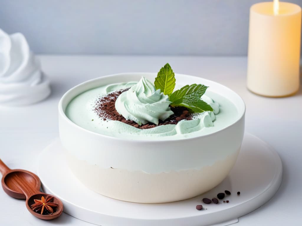  A closeup, ultradetailed image of perfectly whipped mousse in a pristine white bowl, showcasing the airy texture and smooth peaks in intricate detail. The mousse is beautifully garnished with a sprinkle of cocoa powder and a delicate mint leaf on top, creating a visually stunning and appetizing minimalist composition. hyperrealistic, full body, detailed clothing, highly detailed, cinematic lighting, stunningly beautiful, intricate, sharp focus, f/1. 8, 85mm, (centered image composition), (professionally color graded), ((bright soft diffused light)), volumetric fog, trending on instagram, trending on tumblr, HDR 4K, 8K