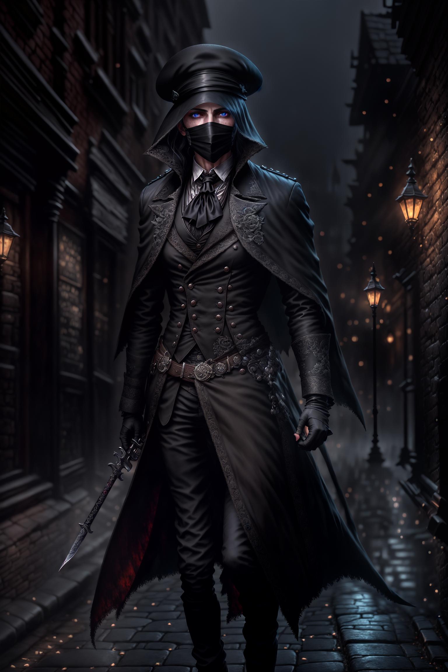  Jack the Ripper, (male:1.5),(skinny and shriveled),(mysterious veil:1.2), (wearing a black beret and a mask), (long coat:1.0), (usually wearing a dark colored long coat), (such as black or dark brown), (making him harder to detect at night), (knife in hand:1.1), (eerie gait:1.0), (street environment:1.2), (fog covered streets of the old city of London in the late 19th century), (environment includes ancient buildings, cobblestone roads, and dim twilight lights), (night and fog:1.0), (a night with the moon high, few stars, and thick fog), (increasing the sense of mystery and horror), (deserted:0.8), (to add to the mystery and horror), (depicting a deserted street), (only a few dim and unclear lights around), (bloodstain element:1.2), (adding hyperrealistic, full body, detailed clothing, highly detailed, cinematic lighting, stunningly beautiful, intricate, sharp focus, f/1. 8, 85mm, (centered image composition), (professionally color graded), ((bright soft diffused light)), volumetric fog, trending on instagram, trending on tumblr, HDR 4K, 8K