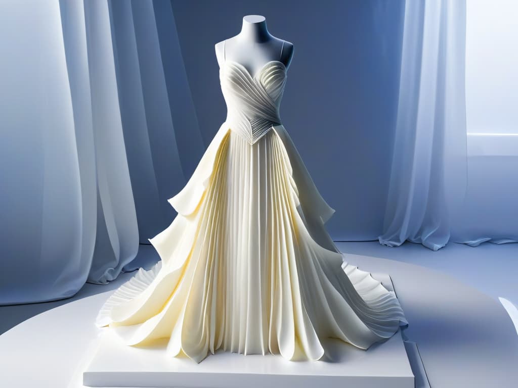  An ultradetailed image of a sugar sculpture resembling a flowing haute couture gown, intricately crafted with delicate folds and intricate lacelike details. The sculpture stands elegantly against a sleek, minimalistic backdrop, highlighting the artistry and beauty of sugar art in the world of high fashion. hyperrealistic, full body, detailed clothing, highly detailed, cinematic lighting, stunningly beautiful, intricate, sharp focus, f/1. 8, 85mm, (centered image composition), (professionally color graded), ((bright soft diffused light)), volumetric fog, trending on instagram, trending on tumblr, HDR 4K, 8K