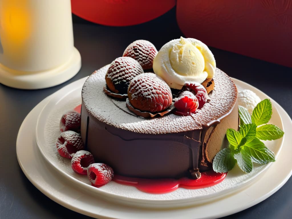  A closeup photorealistic image of a decadent chocolate lava cake topped with a quenelle of creamy vanilla bean ice cream, surrounded by fresh raspberries and mint leaves. The cake is perfectly moist and rich, with a gooey molten center oozing out onto the plate. The contrast of the warm, velvety cake against the cold, smooth ice cream creates a visually striking balance of textures and flavors that is both elegant and indulgent. hyperrealistic, full body, detailed clothing, highly detailed, cinematic lighting, stunningly beautiful, intricate, sharp focus, f/1. 8, 85mm, (centered image composition), (professionally color graded), ((bright soft diffused light)), volumetric fog, trending on instagram, trending on tumblr, HDR 4K, 8K