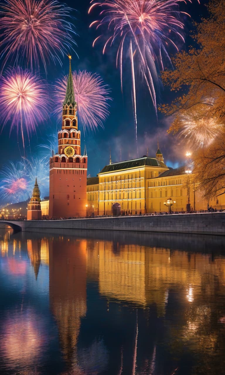  Fireworks of various colors on the embankment opposite Moscow Kremlin are reflected in the water. Gleaming, brightly, fantastically. hyperrealistic, full body, detailed clothing, highly detailed, cinematic lighting, stunningly beautiful, intricate, sharp focus, f/1. 8, 85mm, (centered image composition), (professionally color graded), ((bright soft diffused light)), volumetric fog, trending on instagram, trending on tumblr, HDR 4K, 8K