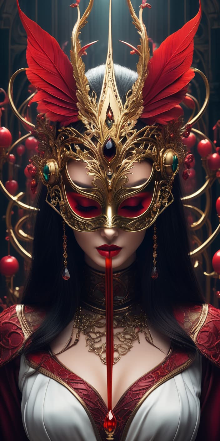  (Hedi Xandt inspired surrealism:1.3), featuring a gorgeous woman wearing an enigmatic mask that symbolizes the fusion of life and death, with glass of red wine, this fantasy artwork sourced from a Pinterest image, creatively blends elements of fantasy, the scene dramatically lit to enhance the mystical ambiance, drawing viewers into a world where reality and the supernatural intertwine, this piece exemplifies the trending theme of surrealism and dark fantasy in contemporary art. hyperrealistic, full body, detailed clothing, highly detailed, cinematic lighting, stunningly beautiful, intricate, sharp focus, f/1. 8, 85mm, (centered image composition), (professionally color graded), ((bright soft diffused light)), volumetric fog, trending on instagram, trending on tumblr, HDR 4K, 8K