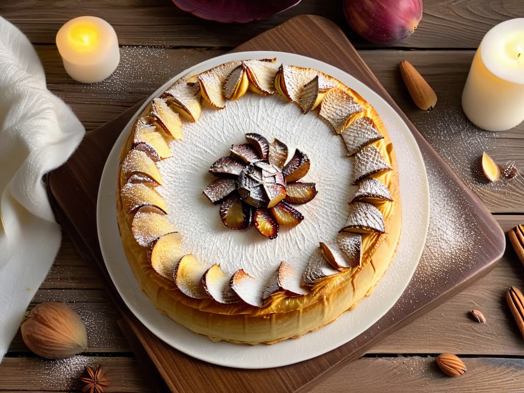  An image of a beautifully decorated Galette des Rois placed on a rustic wooden table, featuring a golden, flaky crust with a visible almond cream filling, garnished with sliced almonds and a light dusting of powdered sugar. The galette is surrounded by scattered whole almonds and a few fresh figs, creating a visually appealing and appetizing composition that perfectly captures the essence of this traditional French dessert. hyperrealistic, full body, detailed clothing, highly detailed, cinematic lighting, stunningly beautiful, intricate, sharp focus, f/1. 8, 85mm, (centered image composition), (professionally color graded), ((bright soft diffused light)), volumetric fog, trending on instagram, trending on tumblr, HDR 4K, 8K