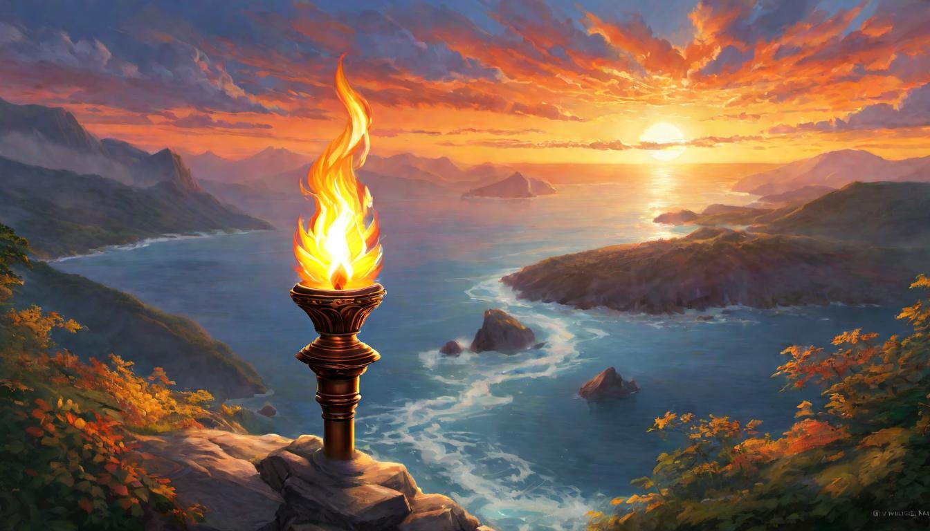  digital painting of A torch carried by diverse hands, ahead, a path illuminated, winding towards a horizon where dawn breaks, beacon of collective endeavor, path of enlightenment, hands detailed, showing unity in purpose, dawn's light is hopeful, invigorating, a journey shared, a destination imbued with promise looking at viewer, dynamic pose, (intricate details, masterpiece, best quality)