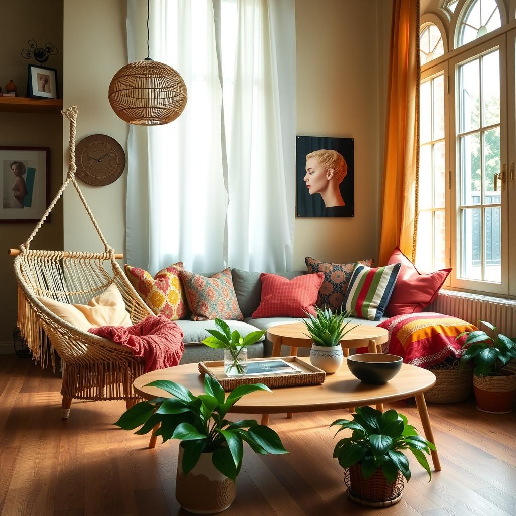  eclectic boho living room featuring unique, colorful furniture pieces with a mix of textures. include a vintage macramé hammock chair, patterned throw pillows, and a low wooden coffee table surrounded by lush indoor plants. emphasize a cozy, inviting atmosphere with natural light streaming through airy curtains.,